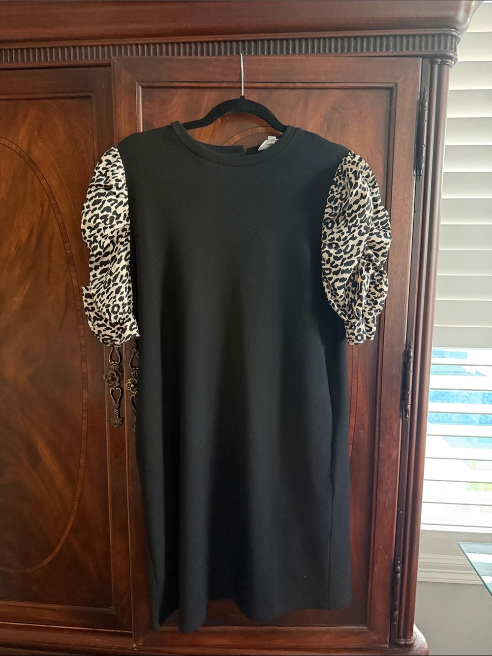 THML Black Mini Dress with Leopard Puff Sleeves